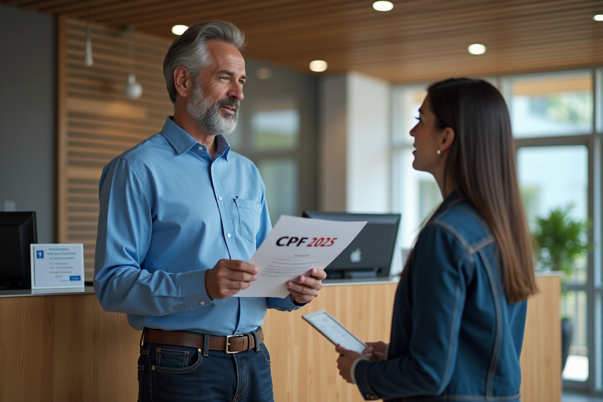 Homme avec document CPF 2025 discutant avec conseiller