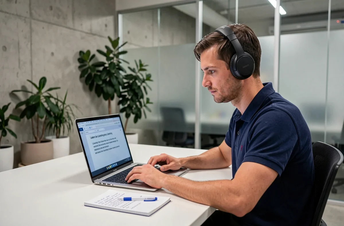Homme portant un casque audio qui s'entraîne à la compréhension orale du TOEIC sur un ordinateur portable dans un espace de coworking