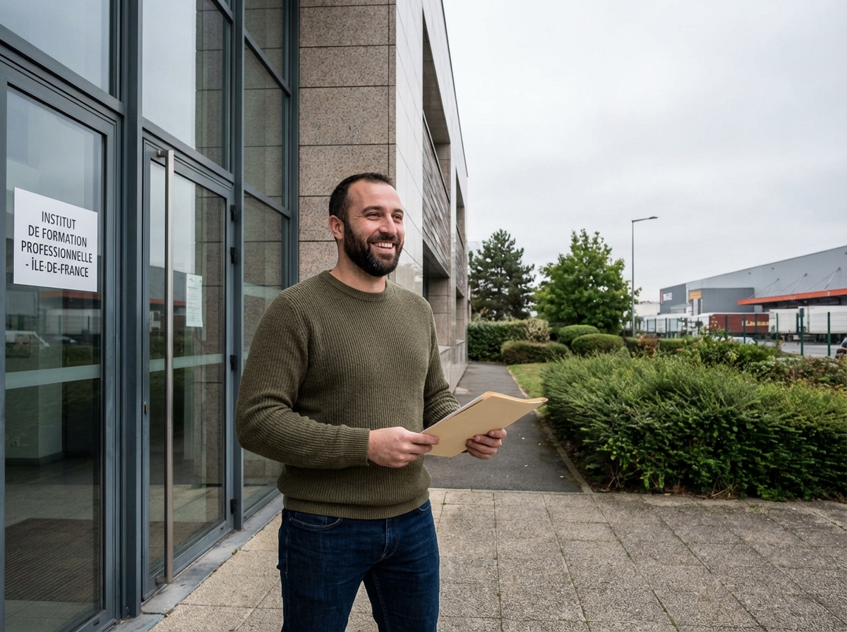 Homme souriant devant un institut de formation extérieure