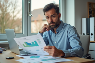 Homme d'affaires français regardant un tableau financier