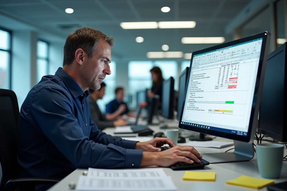 Homme en entreprise saisissant des formules de calcul de moyenne pondérée dans un tableau Excel sur un grand moniteur de bureau