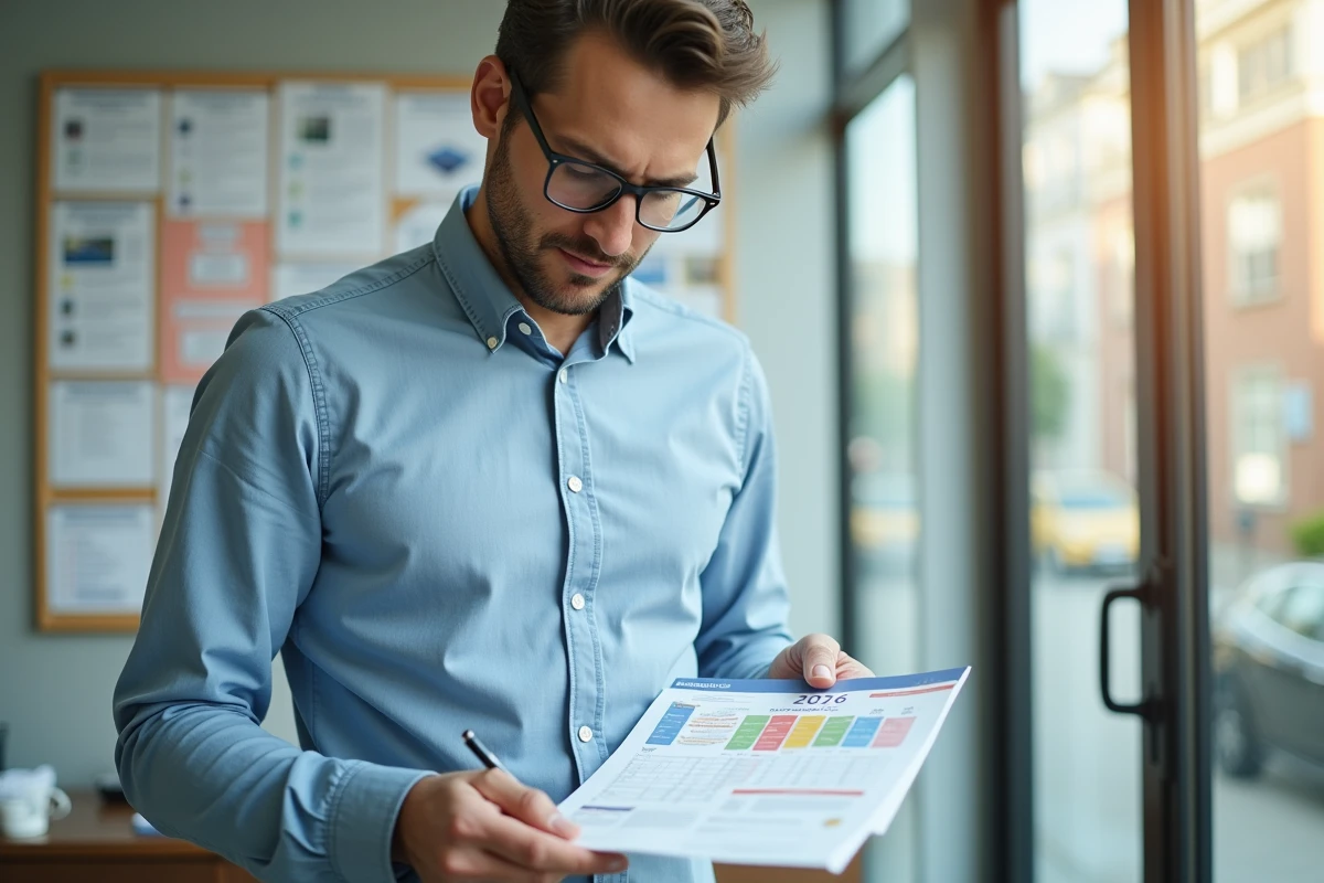 Homme étudiant vérifiant un calendrier dans un bureau d