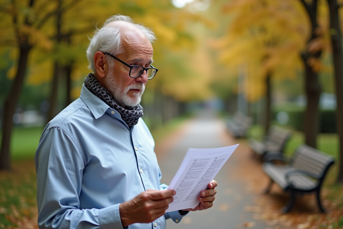 Homme lisant un test de langue dans un parc automnal