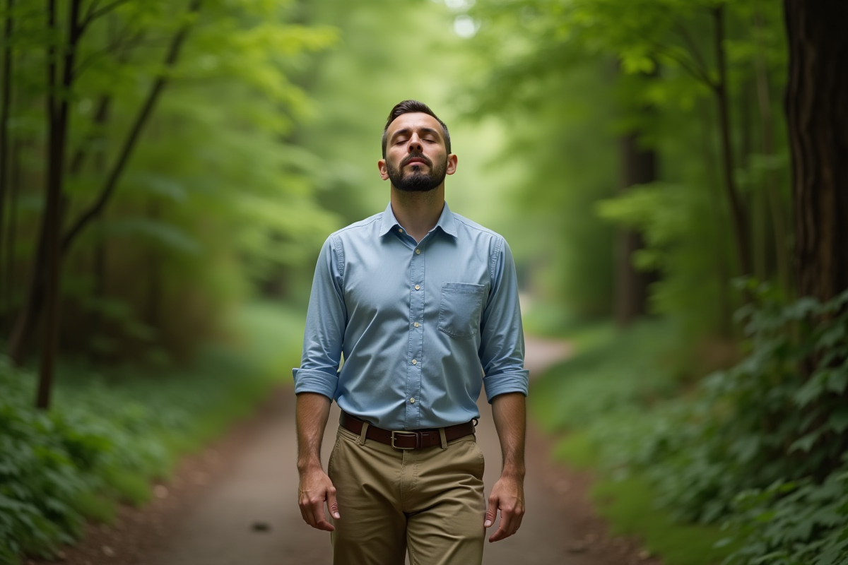 Homme méditant sur un chemin forestier en pleine nature