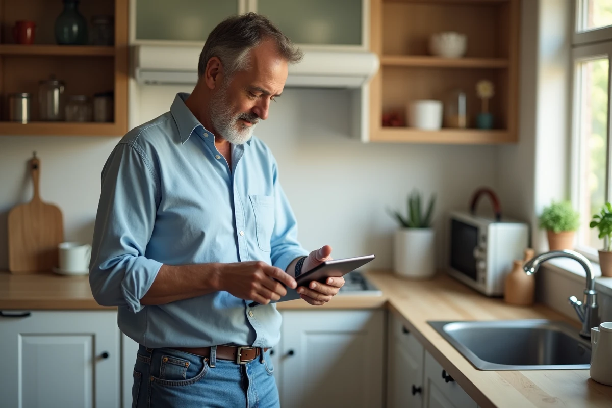 Homme vérifiant ses notifications dans une cuisine lumineuse