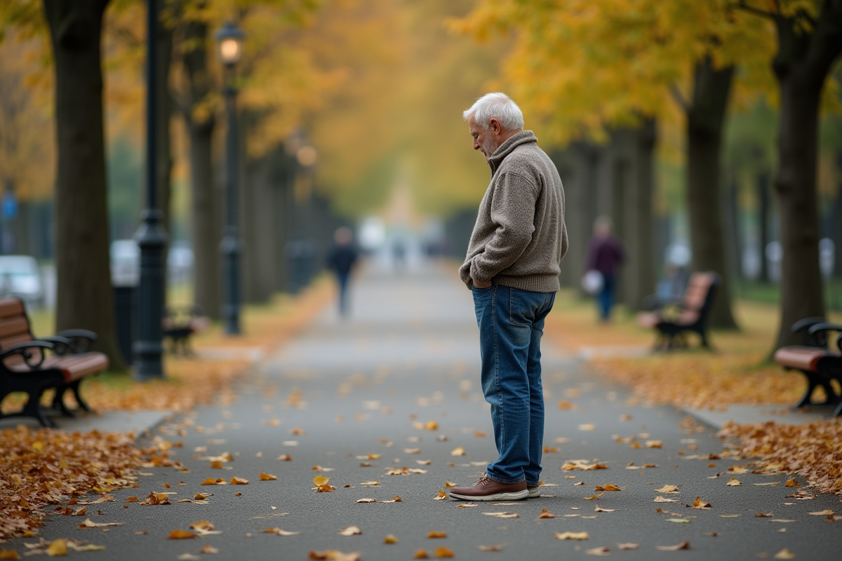 Homme réfléchissant devant deux chemins dans un parc en automne