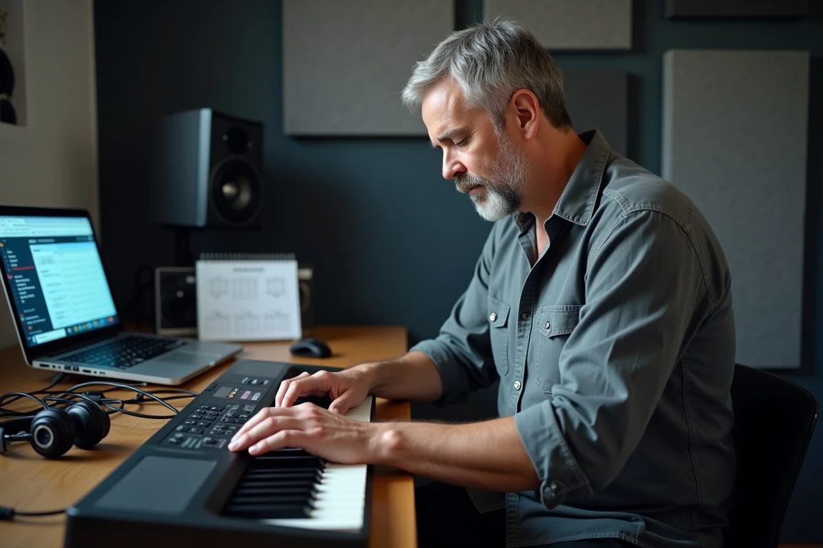 Homme apprenant les accords de piano sur un clavier numérique dans un home studio, partition de chant à portée