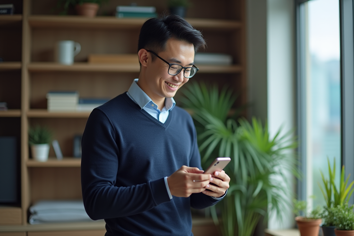 Homme vérifiant ses contributions CPF sur smartphone à la maison