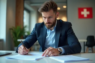 Homme suisse en costume ajusté préparant son CV au bureau