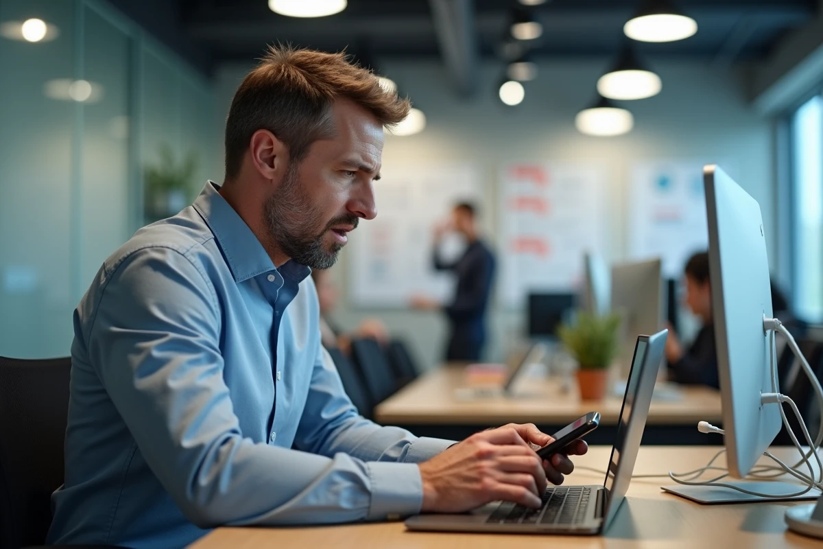 Homme d'affaires frustré devant son ordinateur au bureau