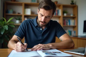 Homme consultant un catalogue de formation BTP avant de s'inscrire, prenant des notes à son bureau à domicile