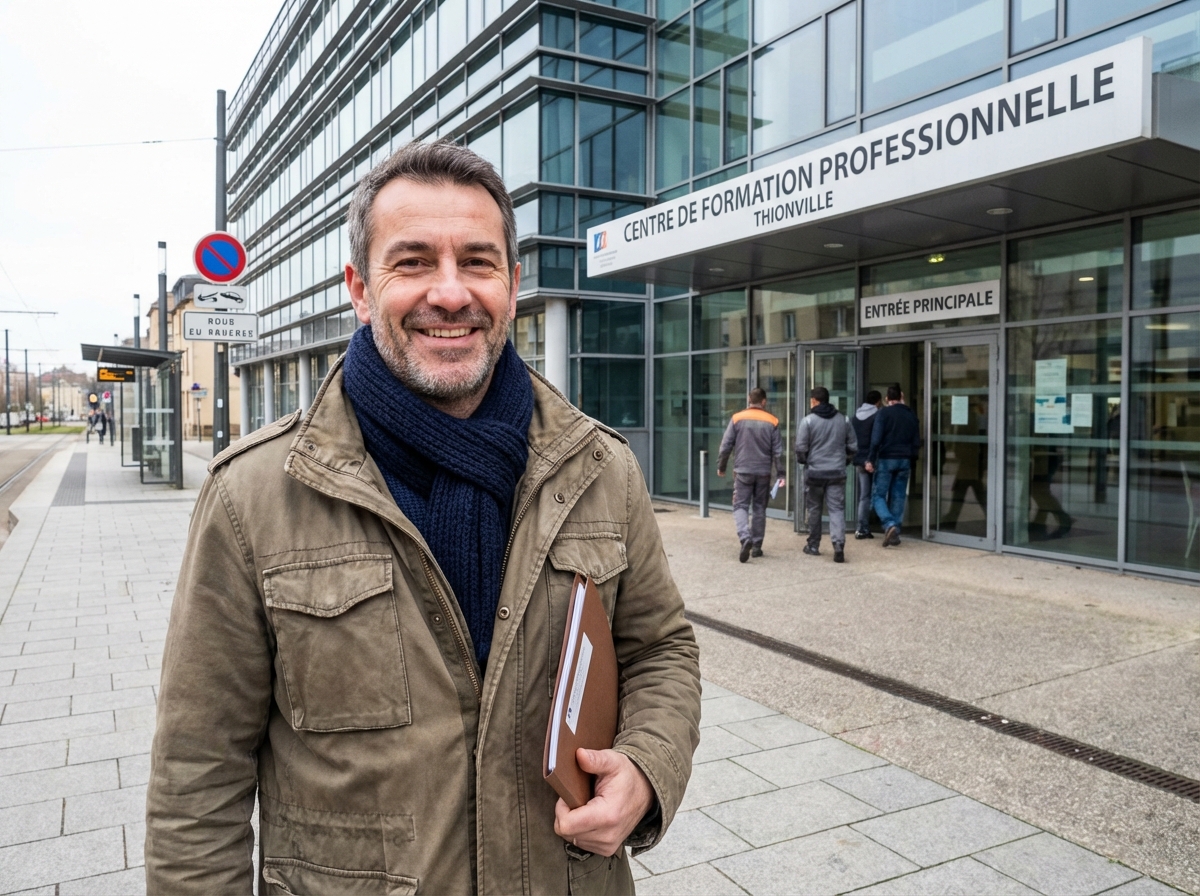 Homme souriant devant centre de formation professionnelle