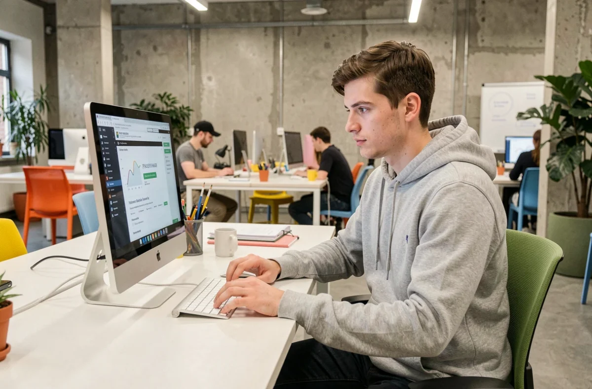 Étudiant travaillant sur un Mac dans un espace co-working moderne de l'IPAC Bachelor Factory à Tours