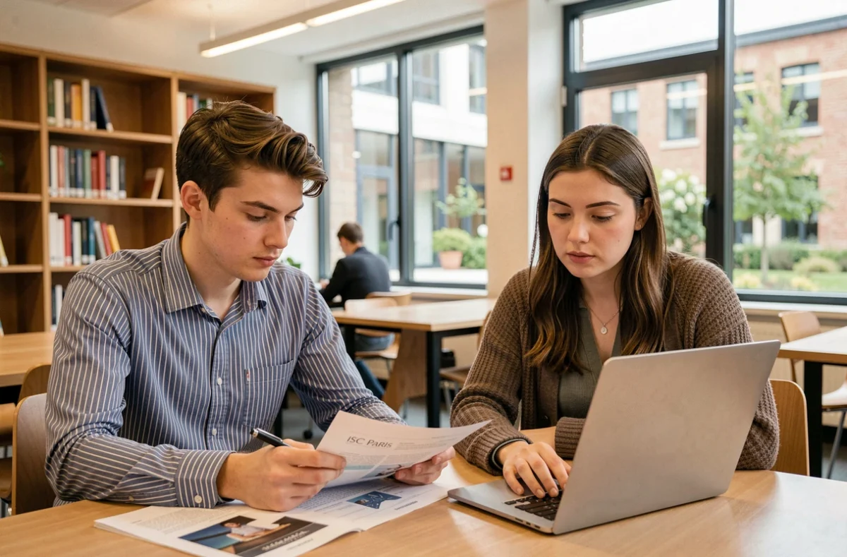 Deux étudiants travaillant ensemble sur le campus d'ISC Paris à Orléans