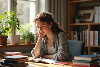 Jeune adulte choisissant un livre de langues dans un intérieur cosy