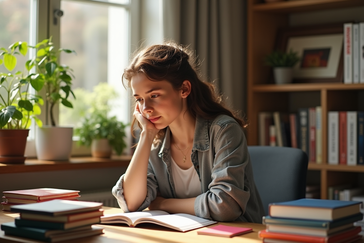 Jeune adulte choisissant un livre de langues dans un intérieur cosy