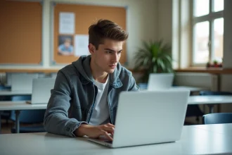 Jeune étudiant concentré sur son ordinateur portable à l'université