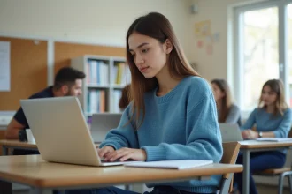 Étudiante universitaire concentrée sur son ordinateur en classe