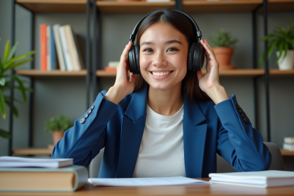 Jeune femme en blazer bleu écoute de la langue avec casque