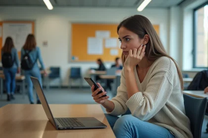 Jeune femme concentrée à l'université avec ordinateur et smartphone
