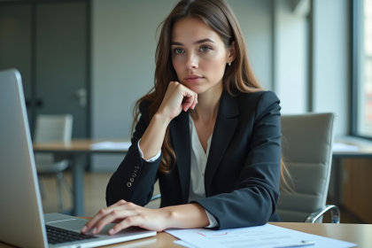 Jeune femme concentrée au bureau avec ordinateur et documents