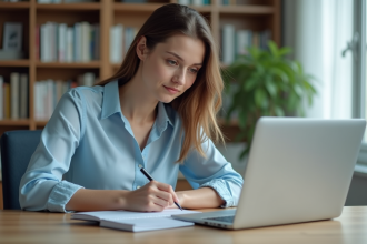 Jeune femme professionnelle travaillant sur son ordinateur dans un bureau moderne