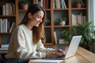 Jeune femme souriante dans un bureau cosy à la maison