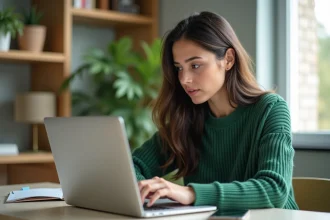 Jeune femme concentrée travaillant sur son ordinateur dans un bureau moderne