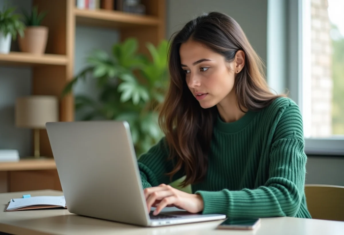 Jeune femme concentrée travaillant sur son ordinateur dans un bureau moderne