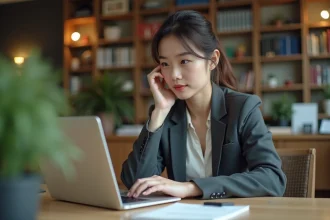 Jeune femme en blazer travaillant sur un ordinateur dans un bureau