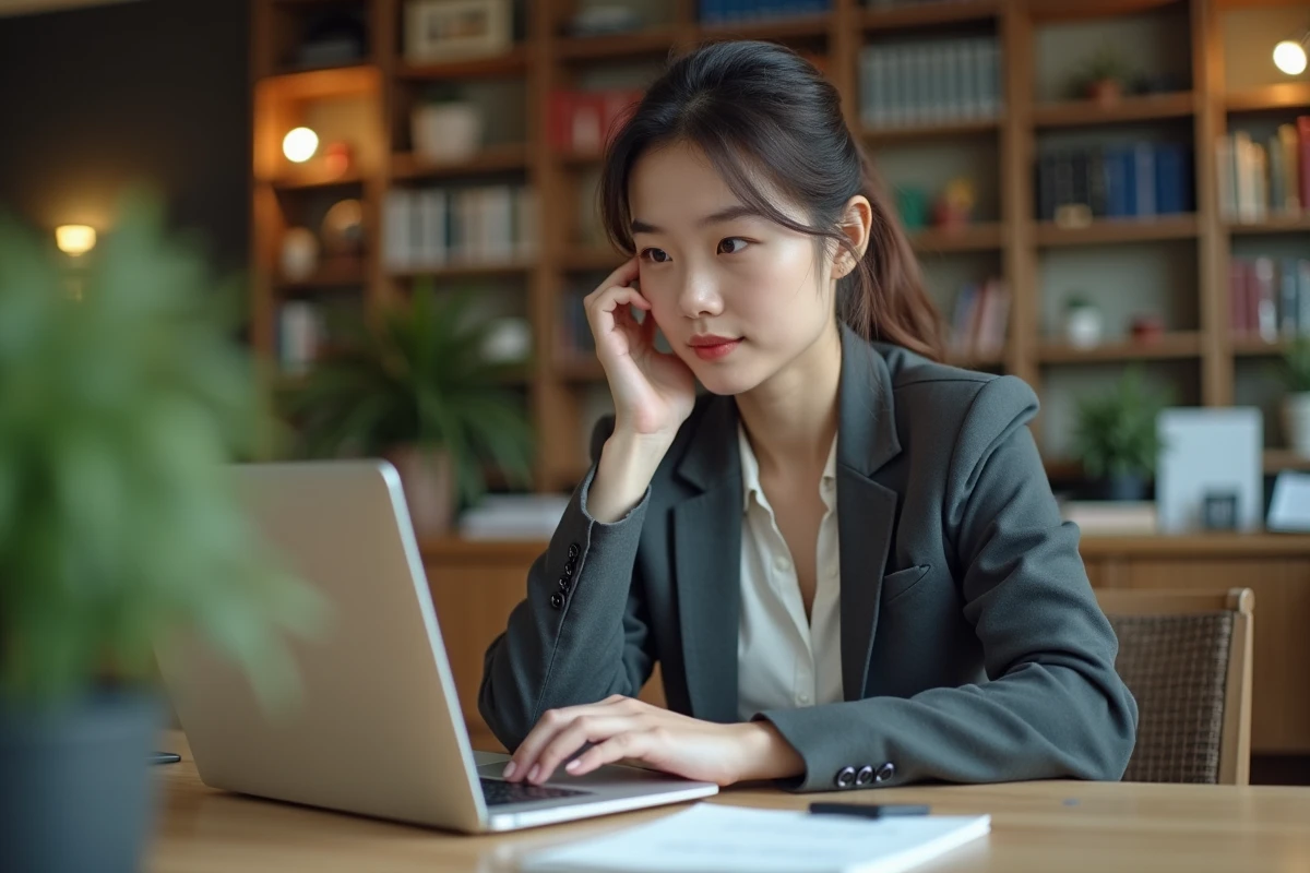 Jeune femme en blazer travaillant sur un ordinateur dans un bureau