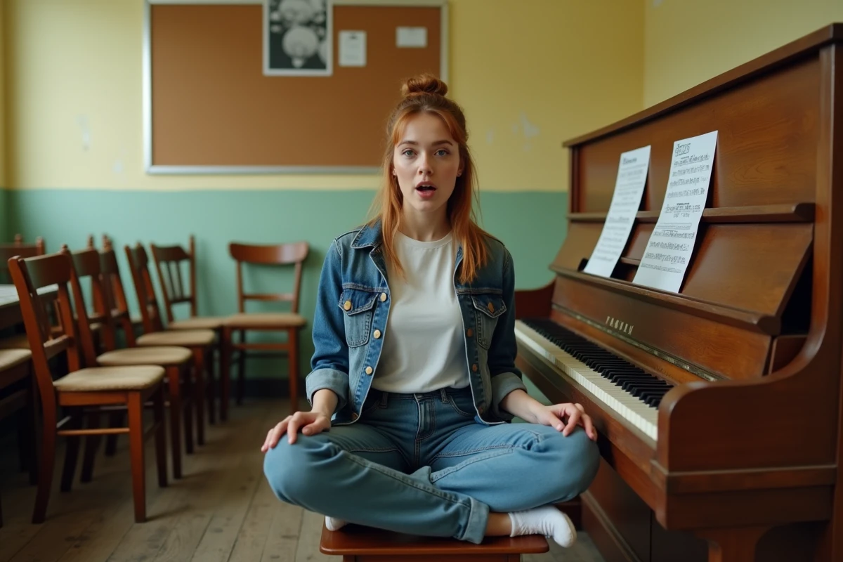 Jeune femme chantant tout en jouant un accord de piano dans une salle de répétition communautaire, apprendre piano pour chanter