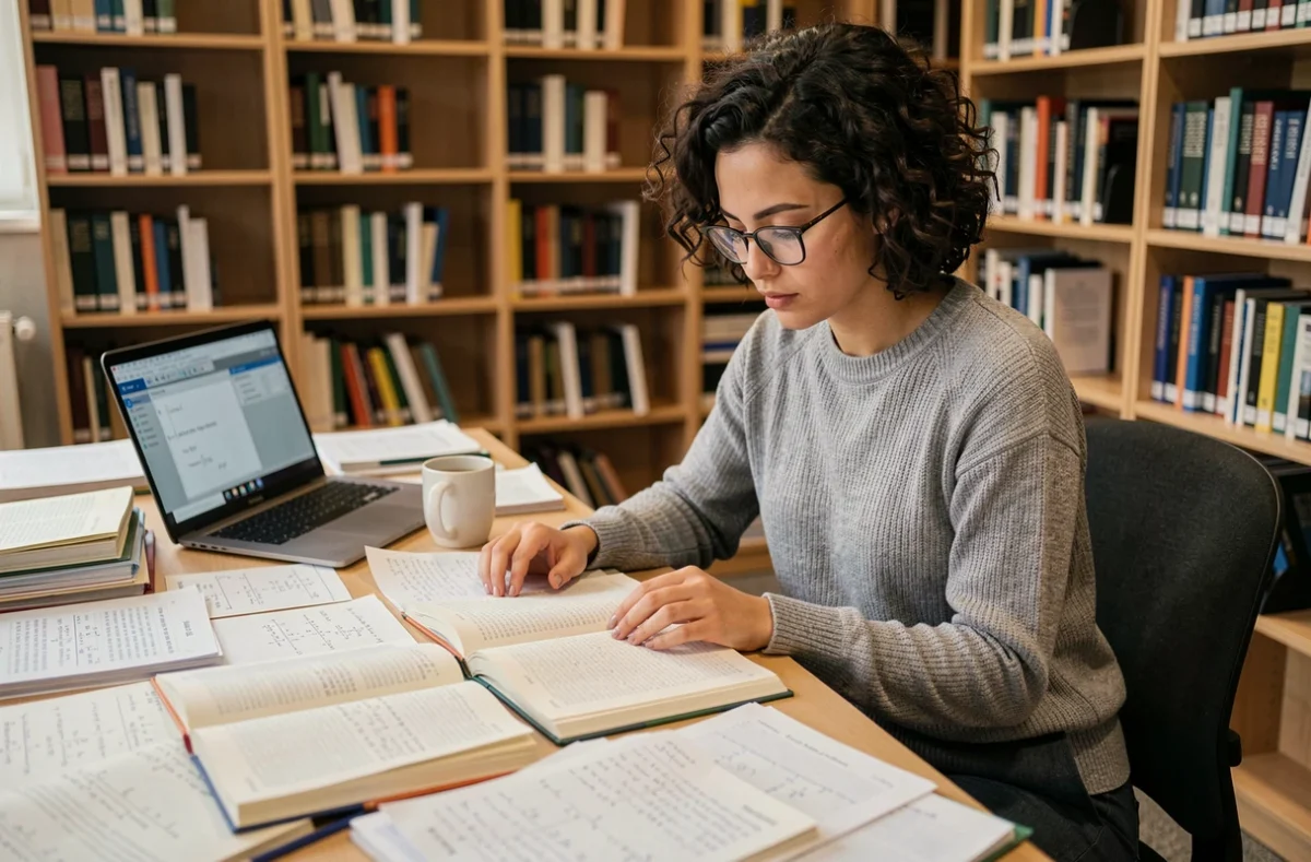 Jeune chercheuse en mathématiques concentrée sur ses travaux dans une bibliothèque universitaire moderne, femmes scientifiques