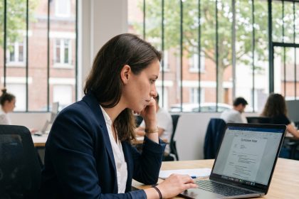 Jeune femme en blazer travaillant sur son CV à Argenteuil