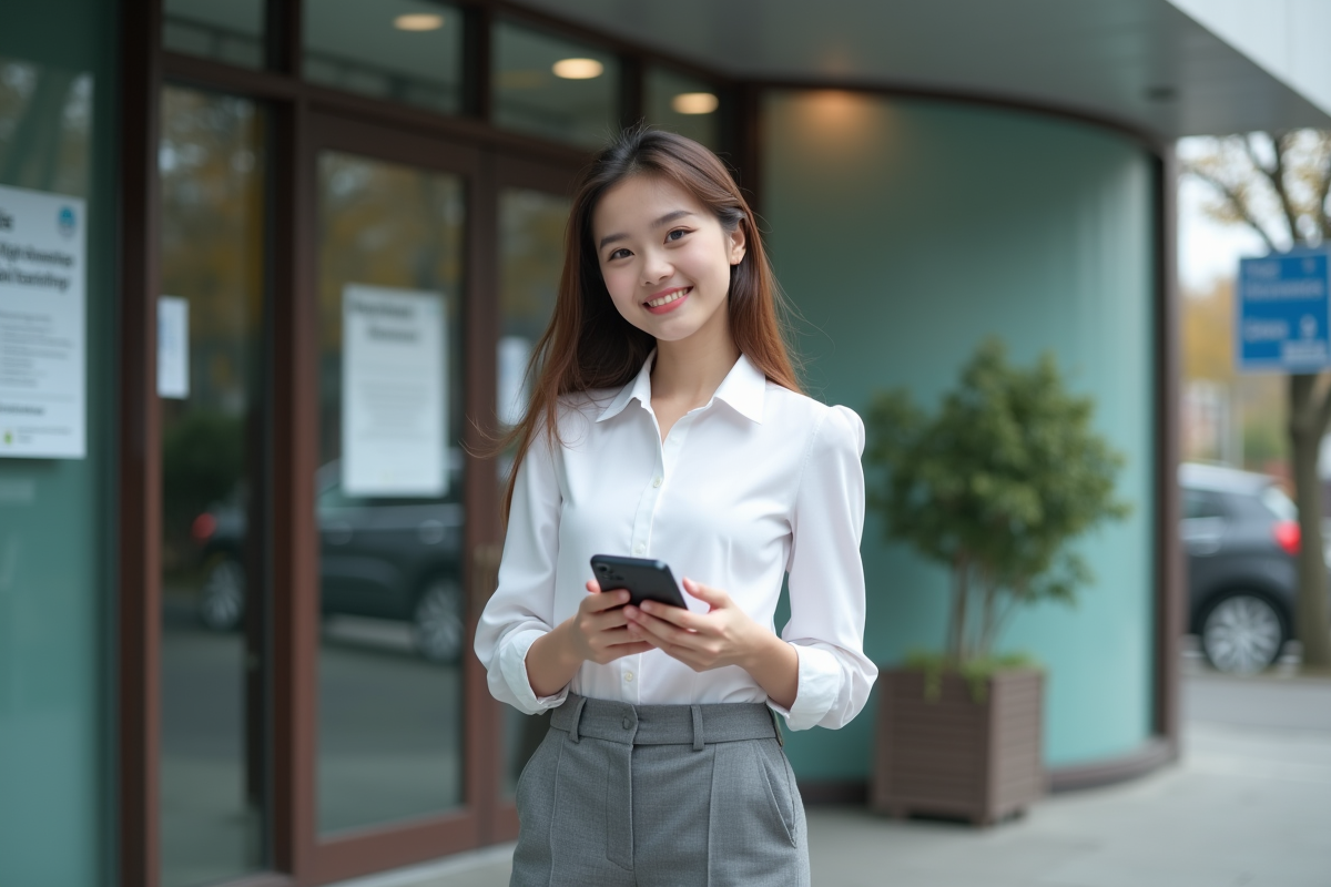 Jeune femme de 19 ans devant un bâtiment administratif