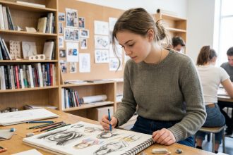 Jeune femme concentrée en classe en train de dessiner