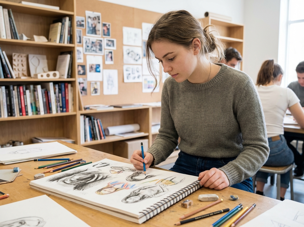 Jeune femme concentrée en classe en train de dessiner