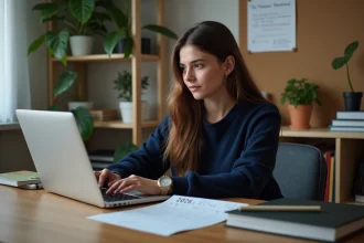 Jeune femme concentrée sur son ordinateur dans une chambre d'étudiant
