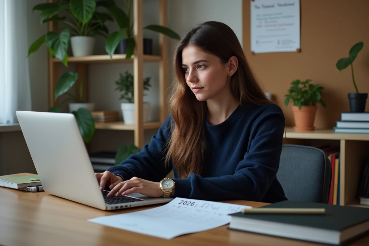 Jeune femme concentrée sur son ordinateur dans une chambre d'étudiant