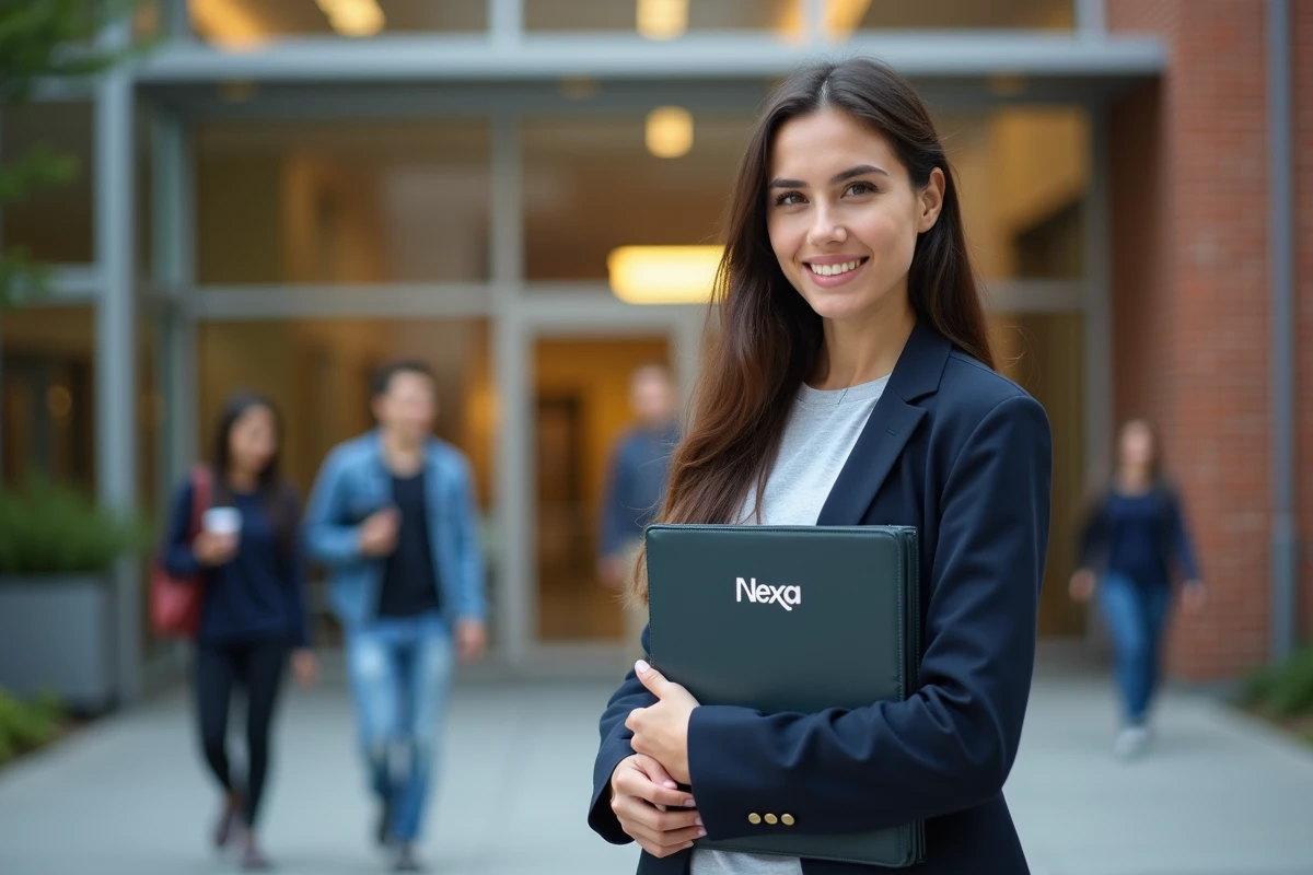 Jeune femme avec un dossier Nexa devant une universite