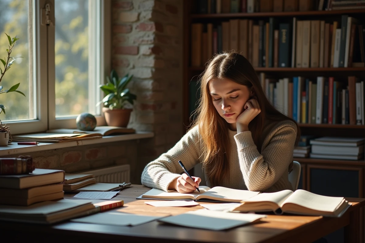 Jeune femme concentrée à écrire dans une étude lumineuse
