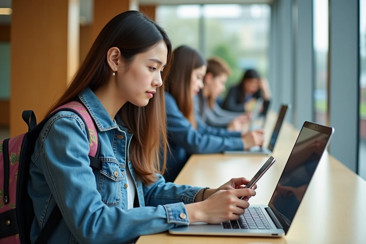 Jeune femme utilisant un ordinateur portable dans un campus universitaire