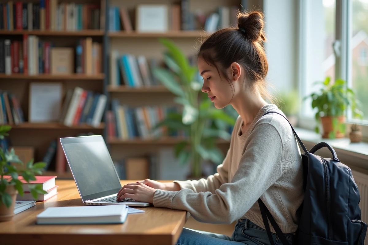 Jeune femme étudiante utilisant un ordinateur portable dans un espace d'étude lumineux