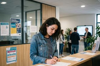 Jeune femme concentrée remplissant un formulaire à SaintBrieuc