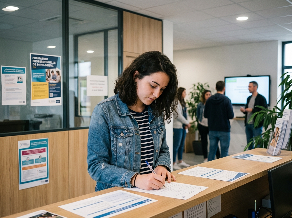 Jeune femme concentrée remplissant un formulaire à SaintBrieuc