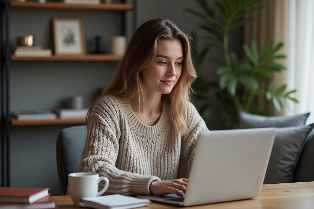 Jeune femme concentrée travaillant sur son ordinateur à la maison