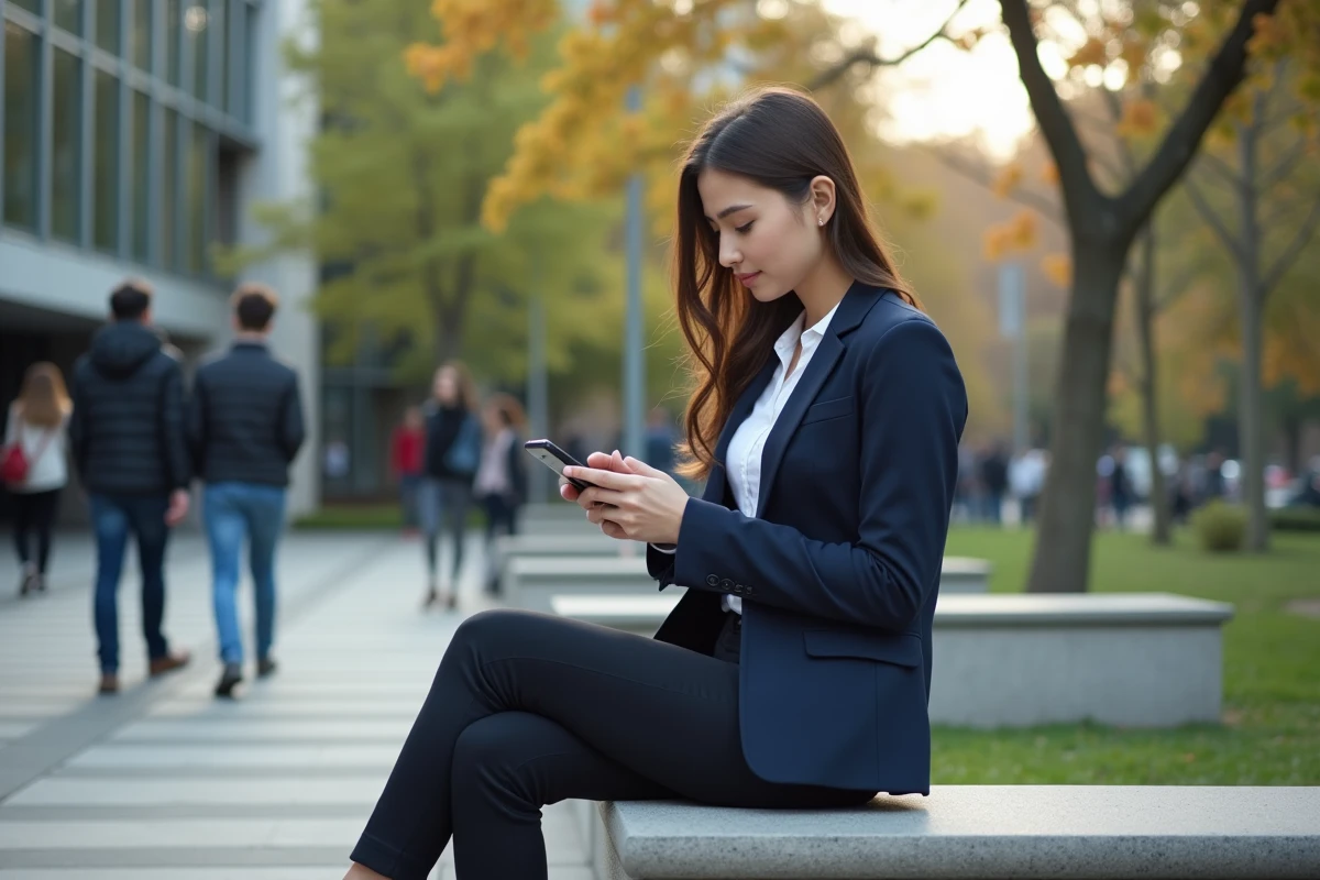 Jeune femme universitaire utilisant son smartphone en extérieur