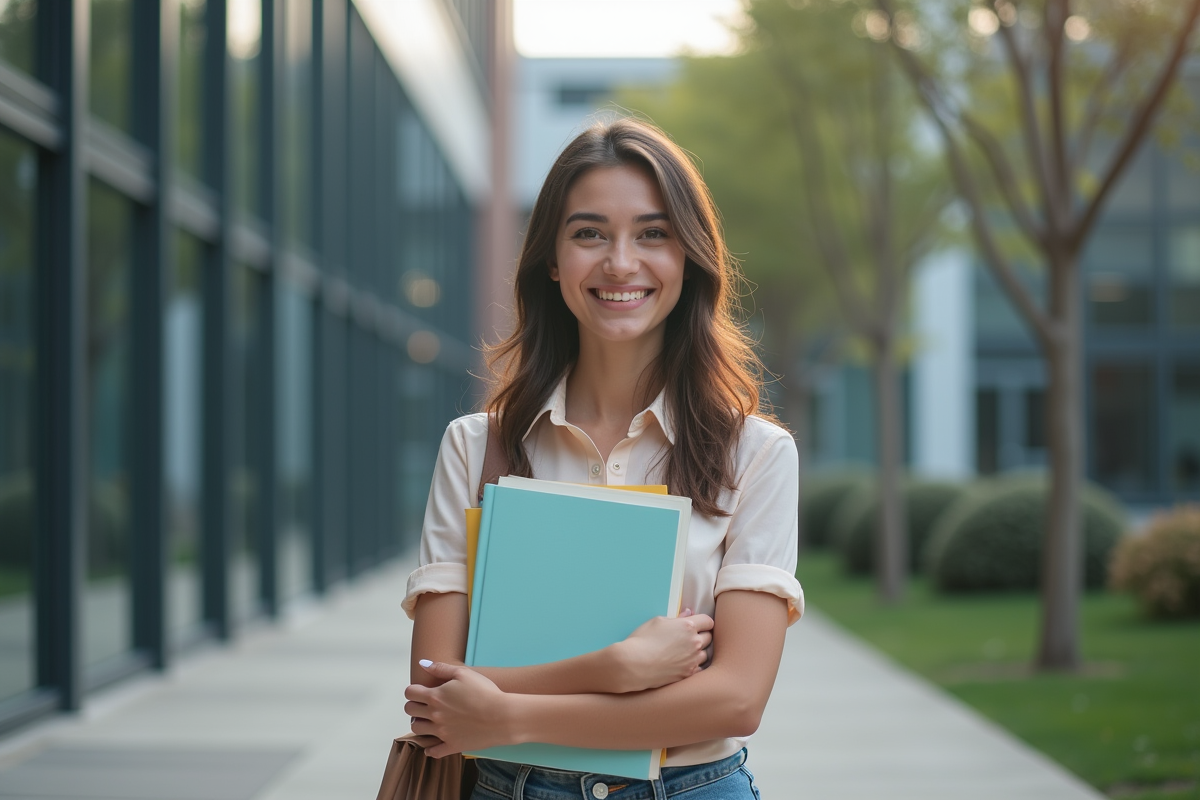 Jeune femme souriante devant un bâtiment universitaire moderne