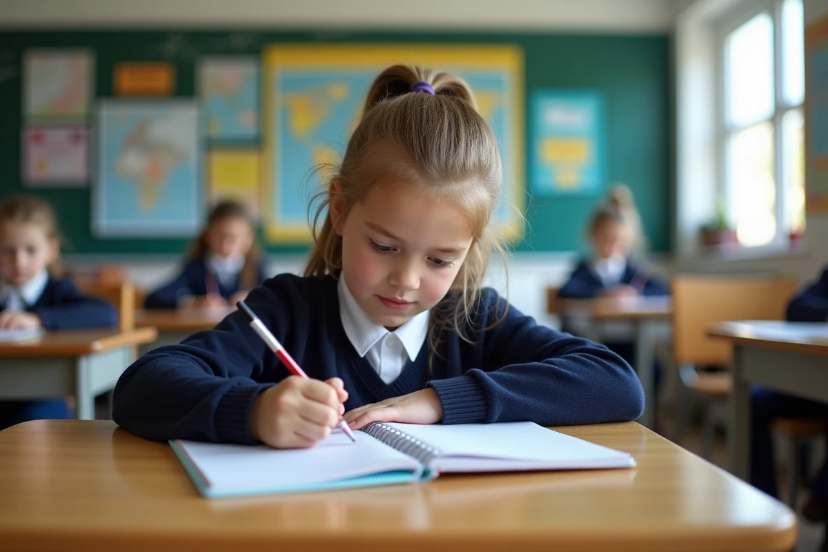 Jeune fille en uniforme concentrée en classe
