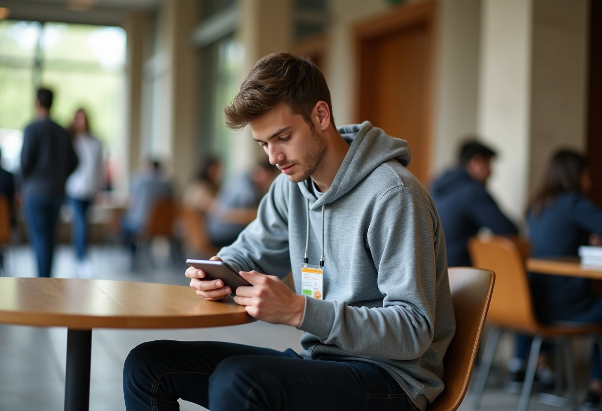 Jeune homme en hoodie regardant son téléphone dans un espace étudiant animé